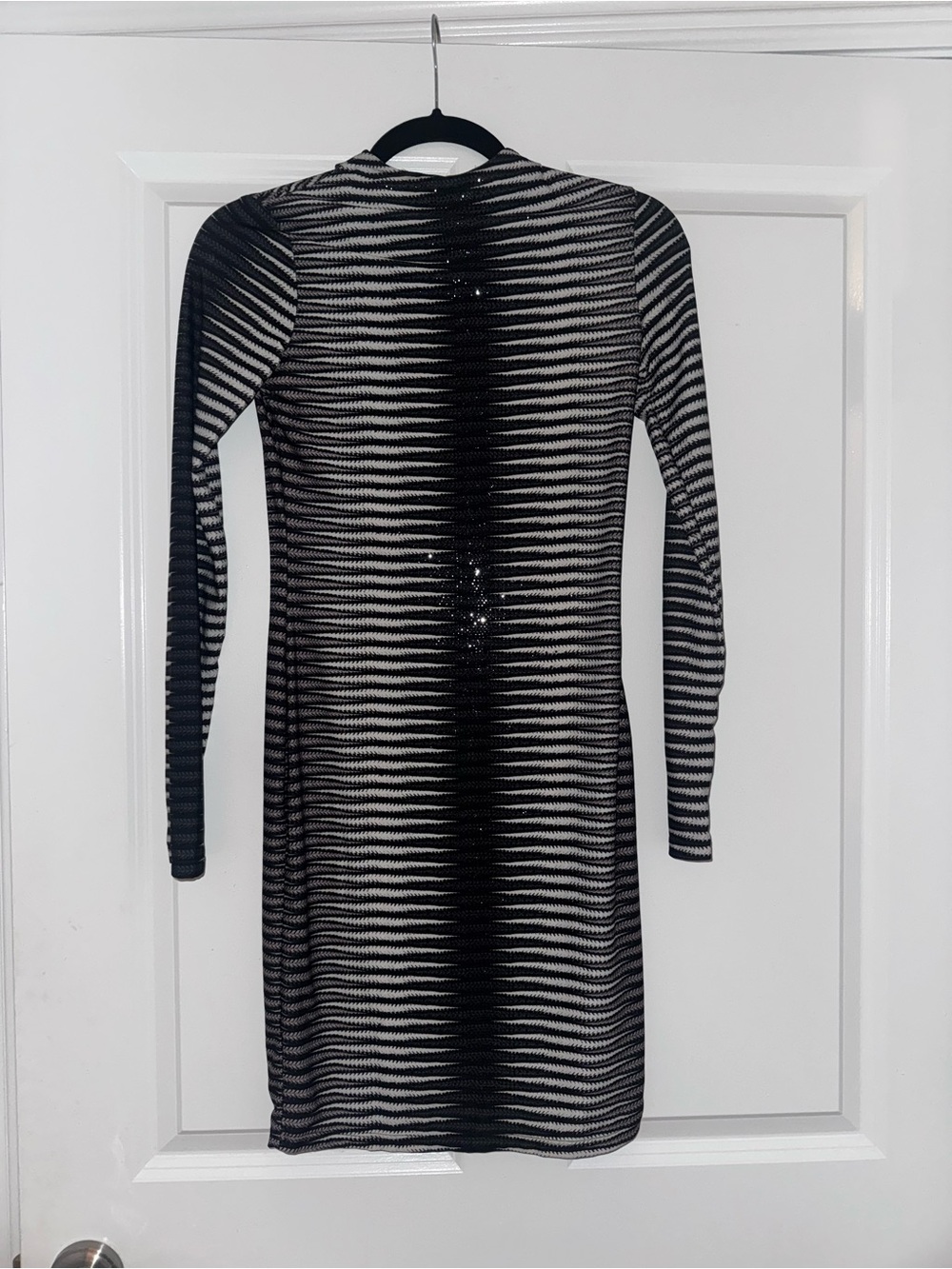 Miss Moi Rhinestone Black and White Striped Long Sleeve Bodycon Dress